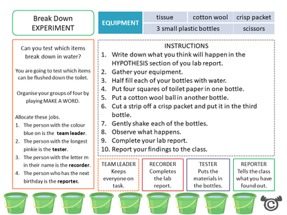 Experiment page from Discovering Water Science pack, First Level