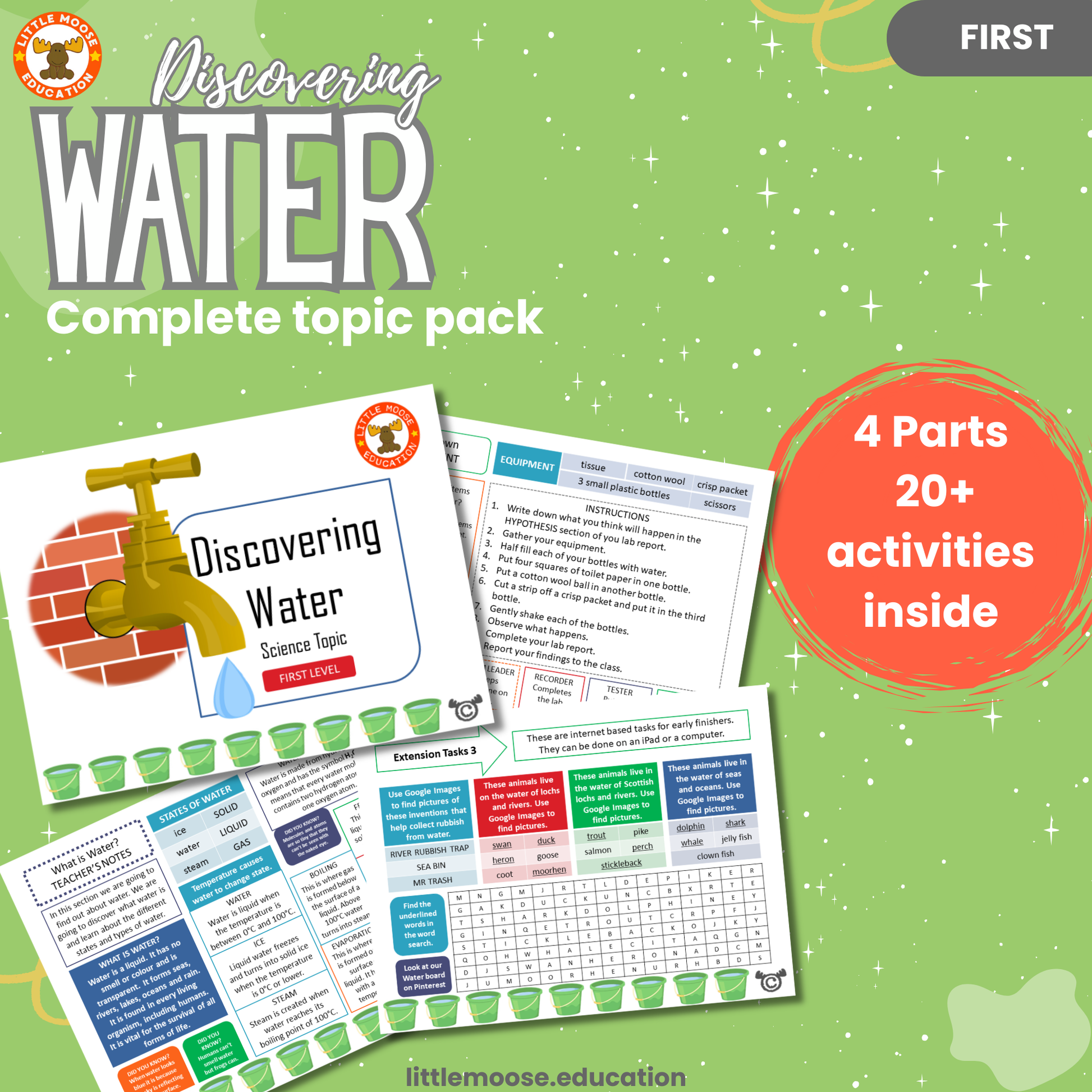 Discovering Water complete digital topic pack for Science at First Level, Curriculum for Excellence chemistry  and STEM education resource, with illustrated cover design and sample activity pages showing experiments, activities, teacher’s notes, assessments, extension tasks, and outcomes.