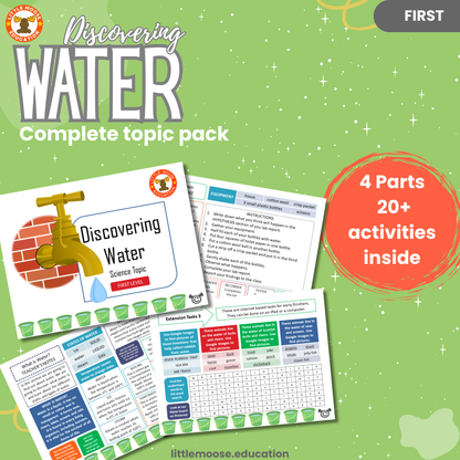Discovering Water complete digital topic pack for Science at First Level, Curriculum for Excellence chemistry  and STEM education resource, with illustrated cover design and sample activity pages showing experiments, activities, teacher’s notes, assessments, extension tasks, and outcomes.
