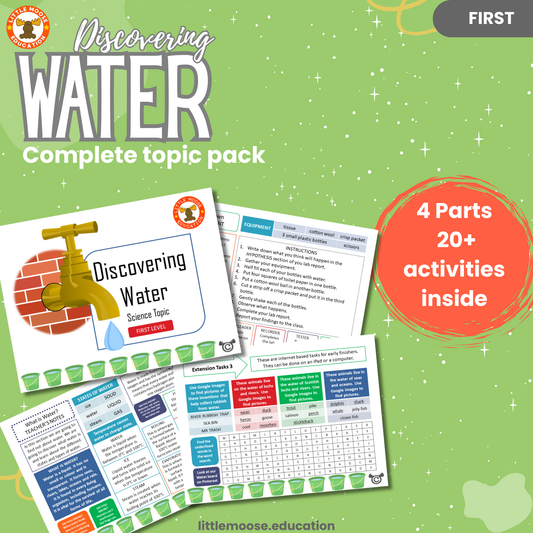 Discovering Water complete digital topic pack for Science at First Level, Curriculum for Excellence chemistry  and STEM education resource, with illustrated cover design and sample activity pages showing experiments, activities, teacher’s notes, assessments, extension tasks, and outcomes.