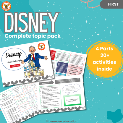 Disney complete digital topic pack for Social Studies at First Level, Curriculum for Excellence, history and culture education resource, with illustrated cover design and sample activity pages showing activities, teacher’s notes, assessments, and extension tasks.