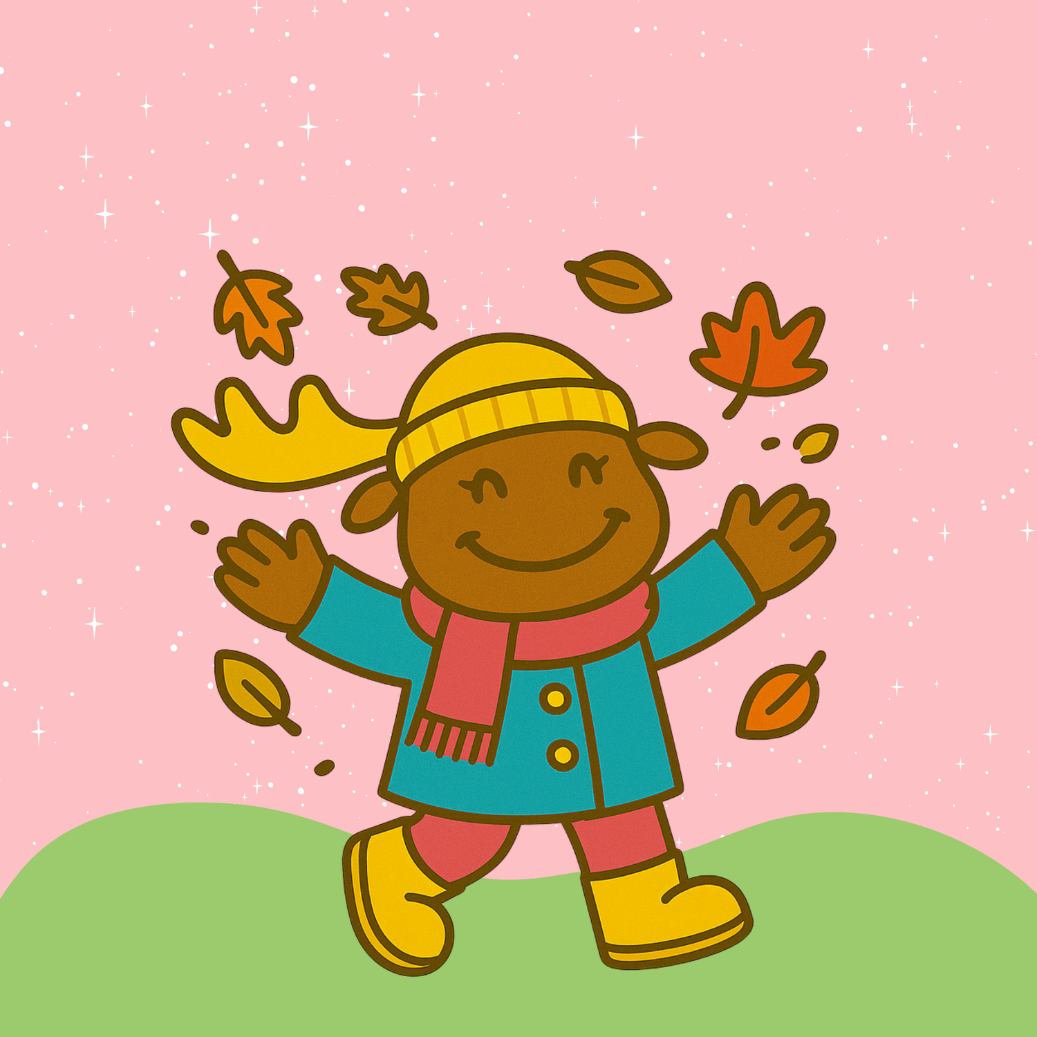 Macy the Moose playing with autumn leaves on a grassy hill, representing joyful early-level learning and discovery.