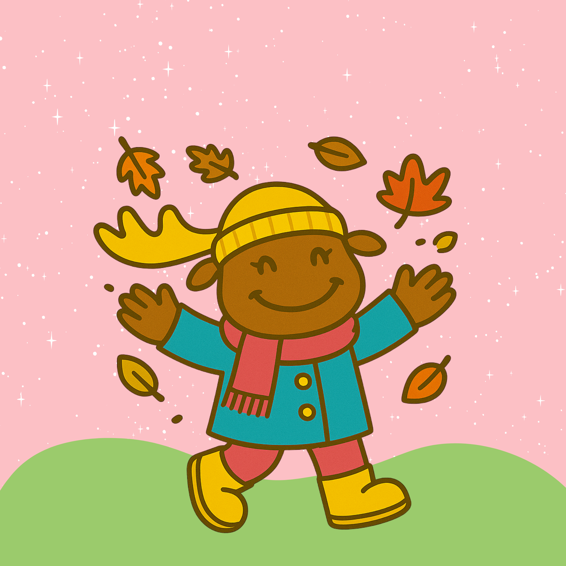 Macy the Moose playing with autumn leaves on a grassy hill, representing joyful early-level learning and discovery.
