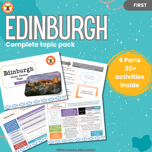 Edinburgh complete digital topic pack for Social Studies at First Level, Curriculum for Excellence geography education resource, with illustrated cover design and sample activity pages showing activities, teacher’s notes, assessments, and extension tasks.