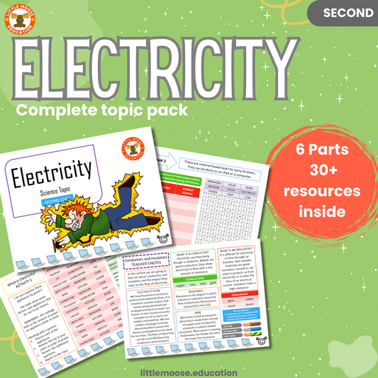 Electricity complete digital topic pack for Science at Second Level, Curriculum for Excellence physics and STEM education resource, with illustrated cover design and sample activity pages showing experiments, activities, teacher’s notes, assessments, extension tasks, and outcomes.
