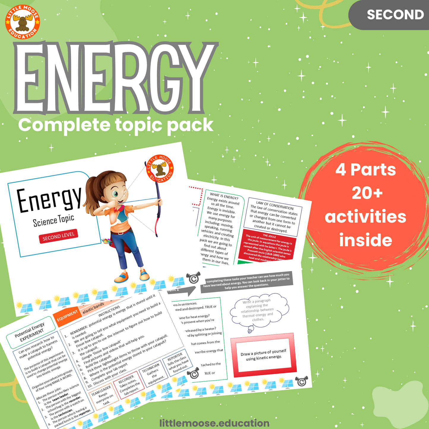 Energy complete digital topic pack for Science at Second Level, Curriculum for Excellence physics and STEM education resource, with illustrated cover design and sample activity pages showing experiments, activities, teacher’s notes, assessments, extension tasks, and outcomes.