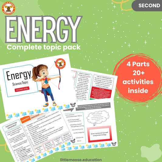 Energy complete digital topic pack for Science at Second Level, Curriculum for Excellence physics and STEM education resource, with illustrated cover design and sample activity pages showing experiments, activities, teacher’s notes, assessments, extension tasks, and outcomes.