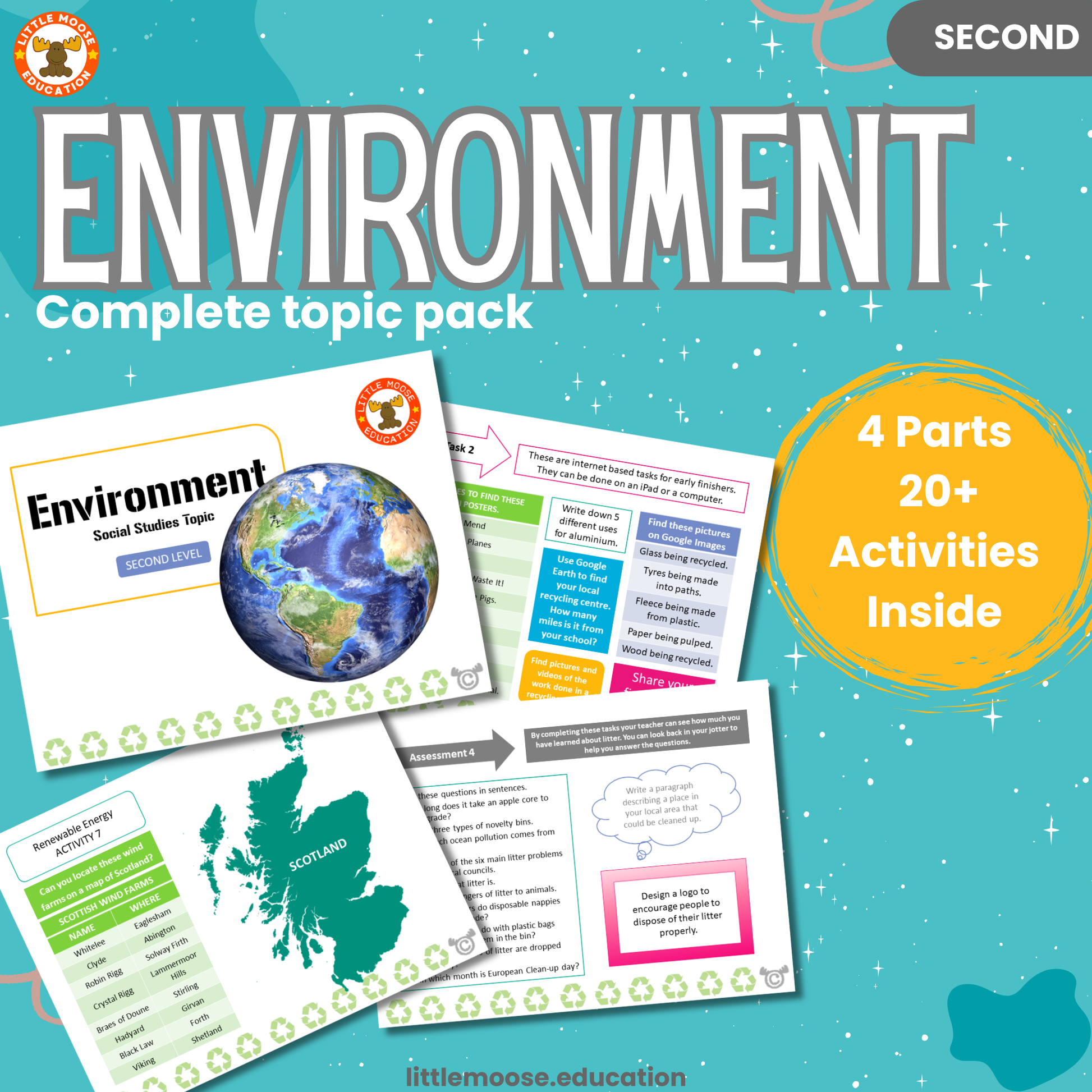 Environment complete digital topic pack for Social Studies at Second Level, Curriculum for Excellence environment education resource, with illustrated cover design and sample activity pages showing activities, teacher’s notes, assessments, and extension tasks.
