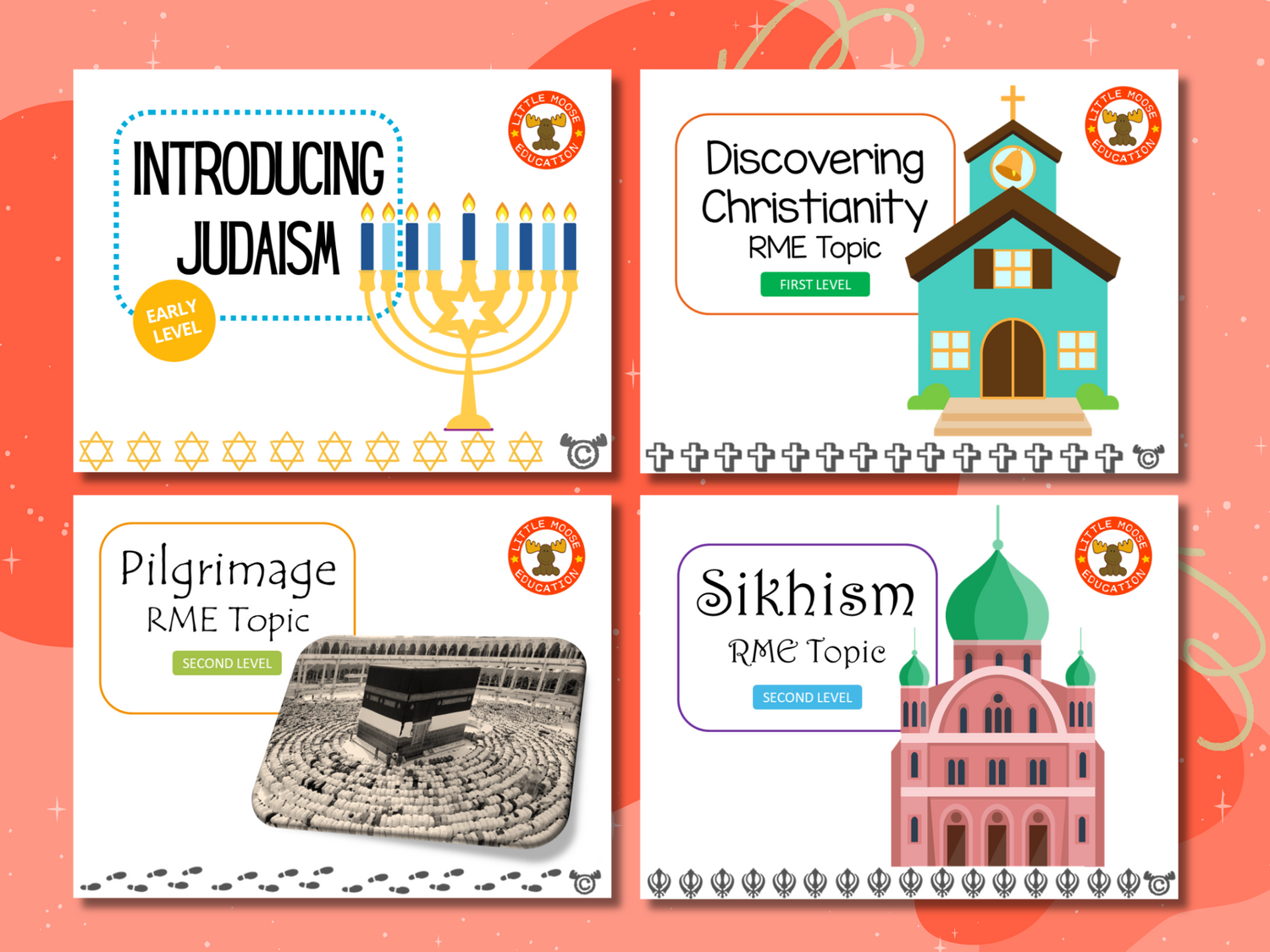 Explore RME digital topic pack collection graphic showing examples of covers such as Christianity, Islam, and Festivals, fully aligned with Scotland’s Curriculum for Excellence.