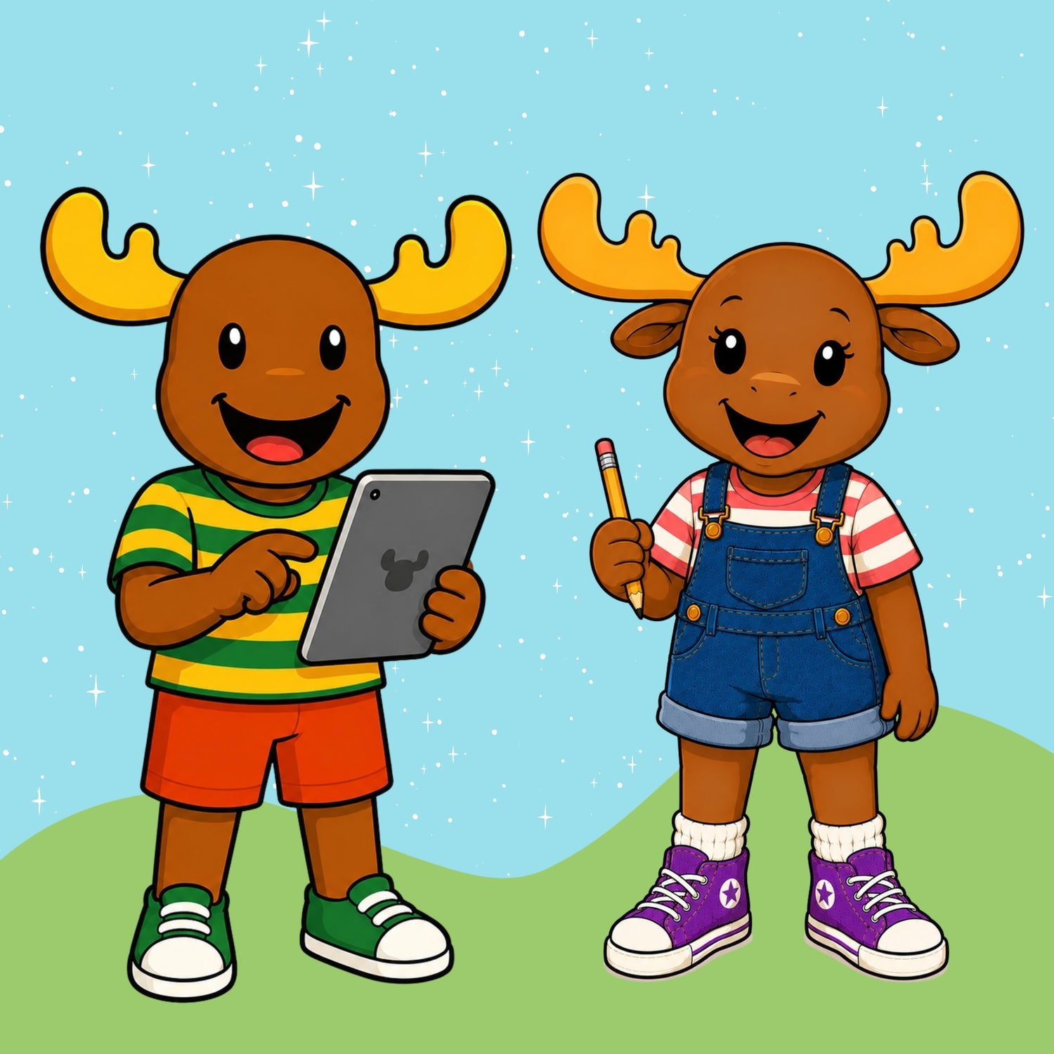 Mac and Macy exploring digital teaching resources with a tablet and pencil