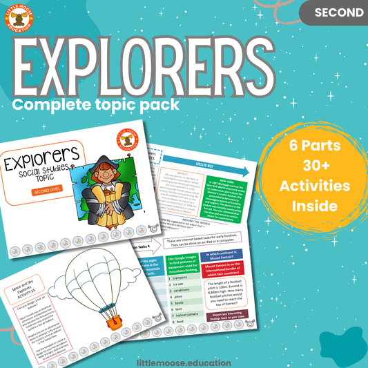 Explorers complete digital topic pack for Social Studies at Second Level, Curriculum for Excellence history and geography education resource, with illustrated cover design and sample activity pages showing activities, teacher’s notes, assessments, and extension tasks.