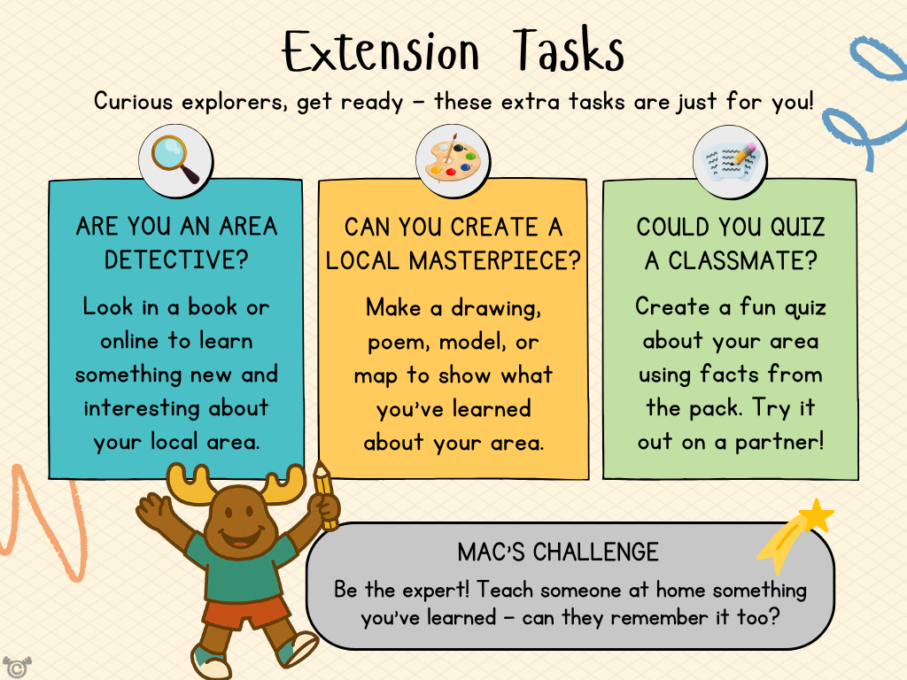 Extension tasks from My Area – East Ayrshire Social Studies pack, First Level