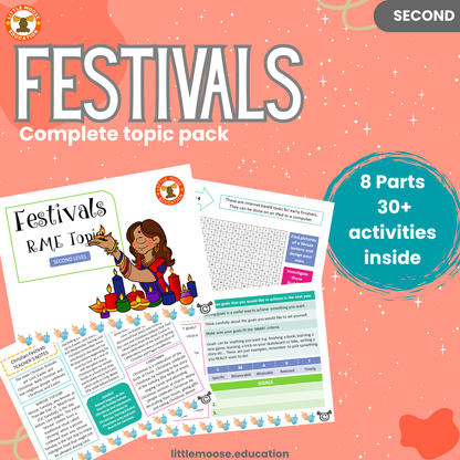 Festivals complete digital topic pack for RME at Second Level, Curriculum for Excellence religion education resource, with illustrated cover design and sample activity pages showing activities, stories, teacher’s notes, assessments, extension tasks, and outcomes.