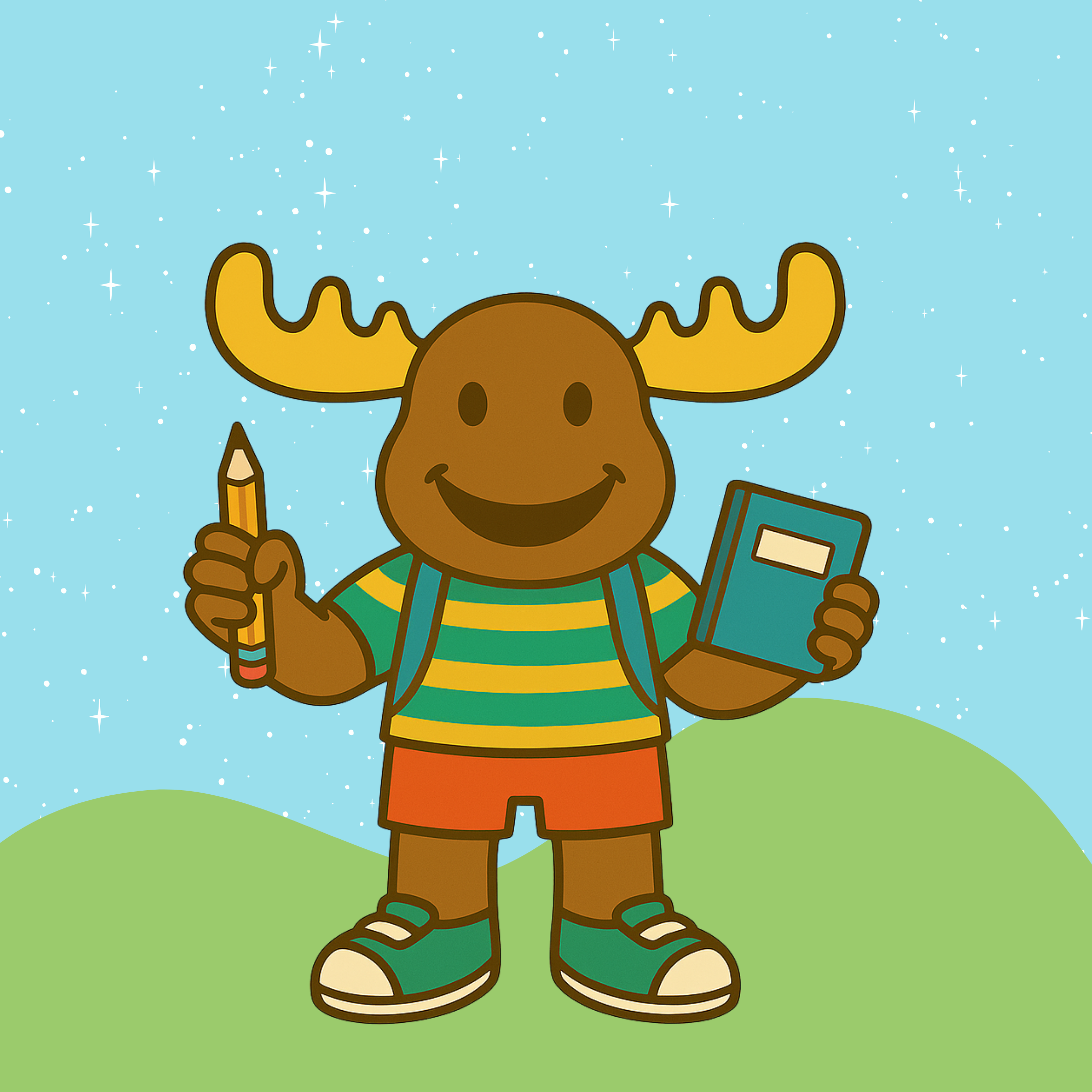 Mac the Moose holding a pencil and notebook, ready to learn — symbolising growing independence at first level.