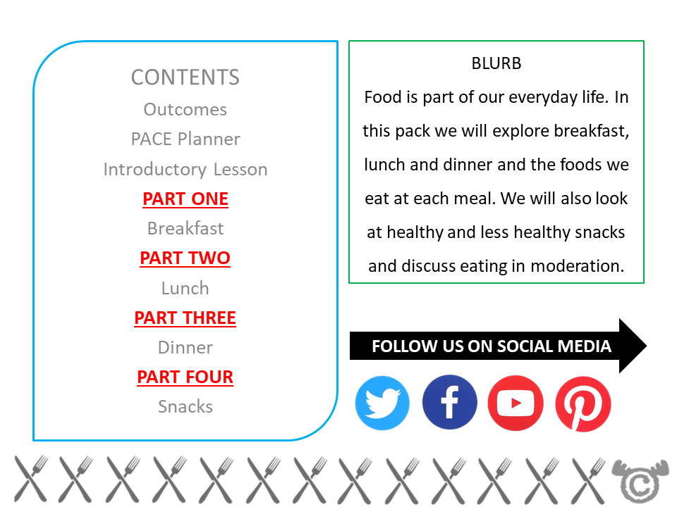 Contents page from Food and Meals Social Studies pack at Early Level