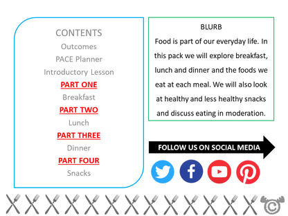 Contents page from Food and Meals Social Studies pack at Early Level