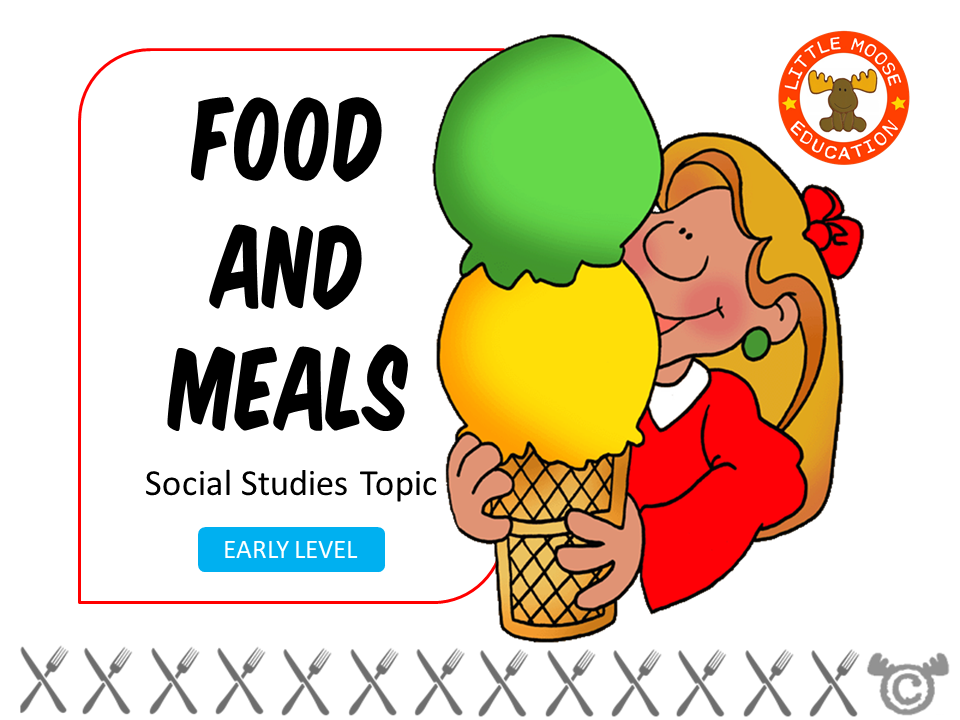 Food and Meals digital topic pack front cover, Social Studies Early Level, Curriculum for Excellence