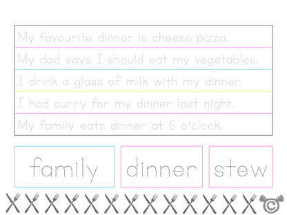 Handwriting activity from Food and Meals Social Studies pack, Early Level