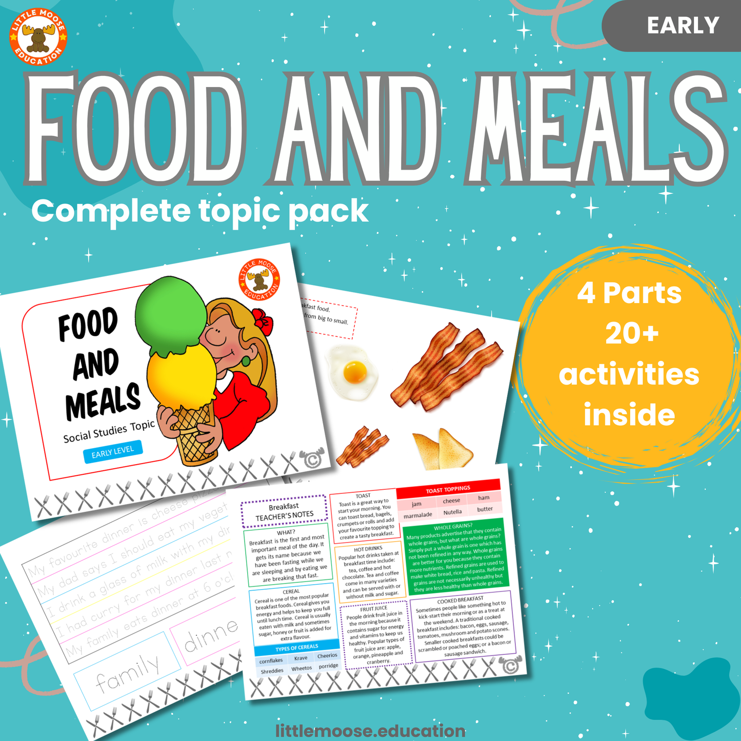 Food and Meals complete digital topic pack for Social Studies at Early Level, Curriculum for Excellence society education resource, with illustrated cover design and sample activity pages showing sorting, drawing, matching, handwriting, teacher’s notes, assessment, and wordsearch.