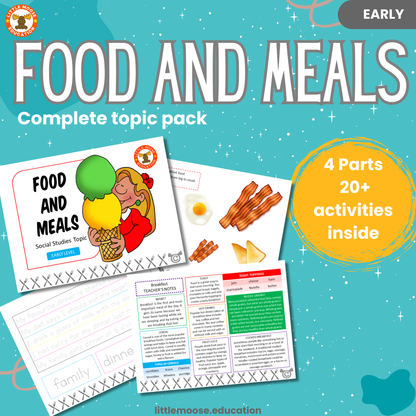 Food and Meals complete digital topic pack for Social Studies at Early Level, Curriculum for Excellence society education resource, with illustrated cover design and sample activity pages showing sorting, drawing, matching, handwriting, teacher’s notes, assessment, and wordsearch.