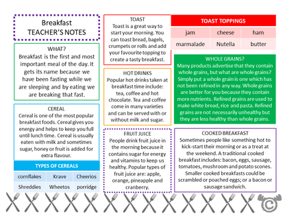 Teacher’s notes from Food and Meals Social Studies pack, Early Level