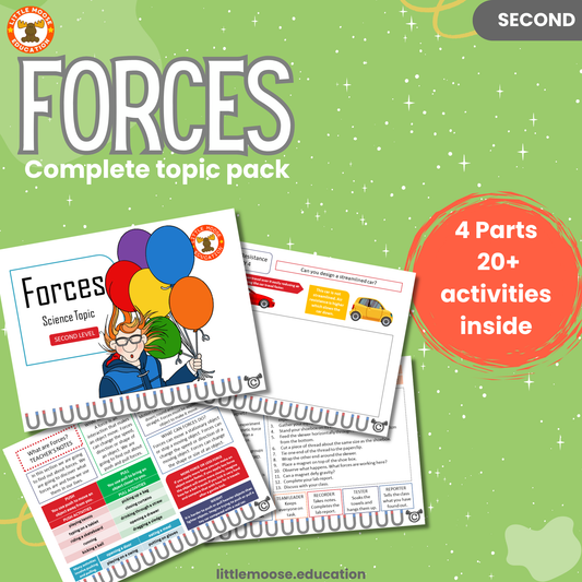 Forces complete digital topic pack for Science at Second Level, Curriculum for Excellence physics and STEM education resource, with illustrated cover design and sample activity pages showing experiments, activities, teacher’s notes, assessments, extension tasks, and outcomes.