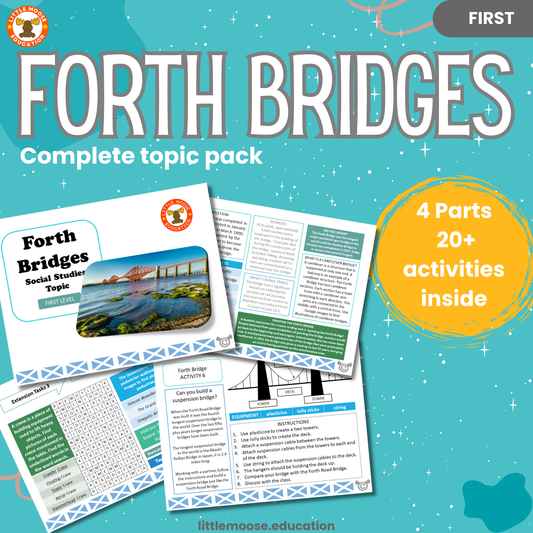Forth bridges complete digital topic pack for Social Studies at First Level, Curriculum for Excellence, history and STEM education resource, with illustrated cover design and sample activity pages showing activities, teacher’s notes, assessments, and extension tasks.