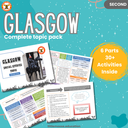Glasgow complete digital topic pack for Social Studies at Second Level, Curriculum for Excellence geography and heritage education resource, with illustrated cover design and sample activity pages showing activities, teacher’s notes, assessments, and extension tasks.
