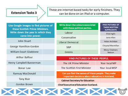 Extension tasks from Great Scots Social Studies pack, First Level