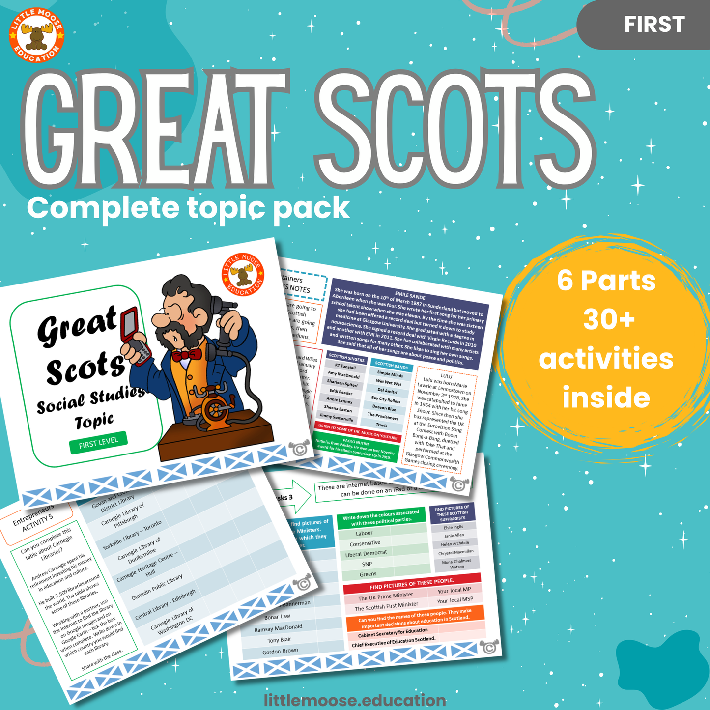 Great Scots complete digital topic pack for Social Studies at First Level, Curriculum for Excellence culture education resource, with illustrated cover design and sample activity pages showing activities, teacher’s notes, assessments, and extension tasks.