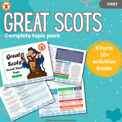Great Scots complete digital topic pack for Social Studies at First Level, Curriculum for Excellence culture education resource, with illustrated cover design and sample activity pages showing activities, teacher’s notes, assessments, and extension tasks.