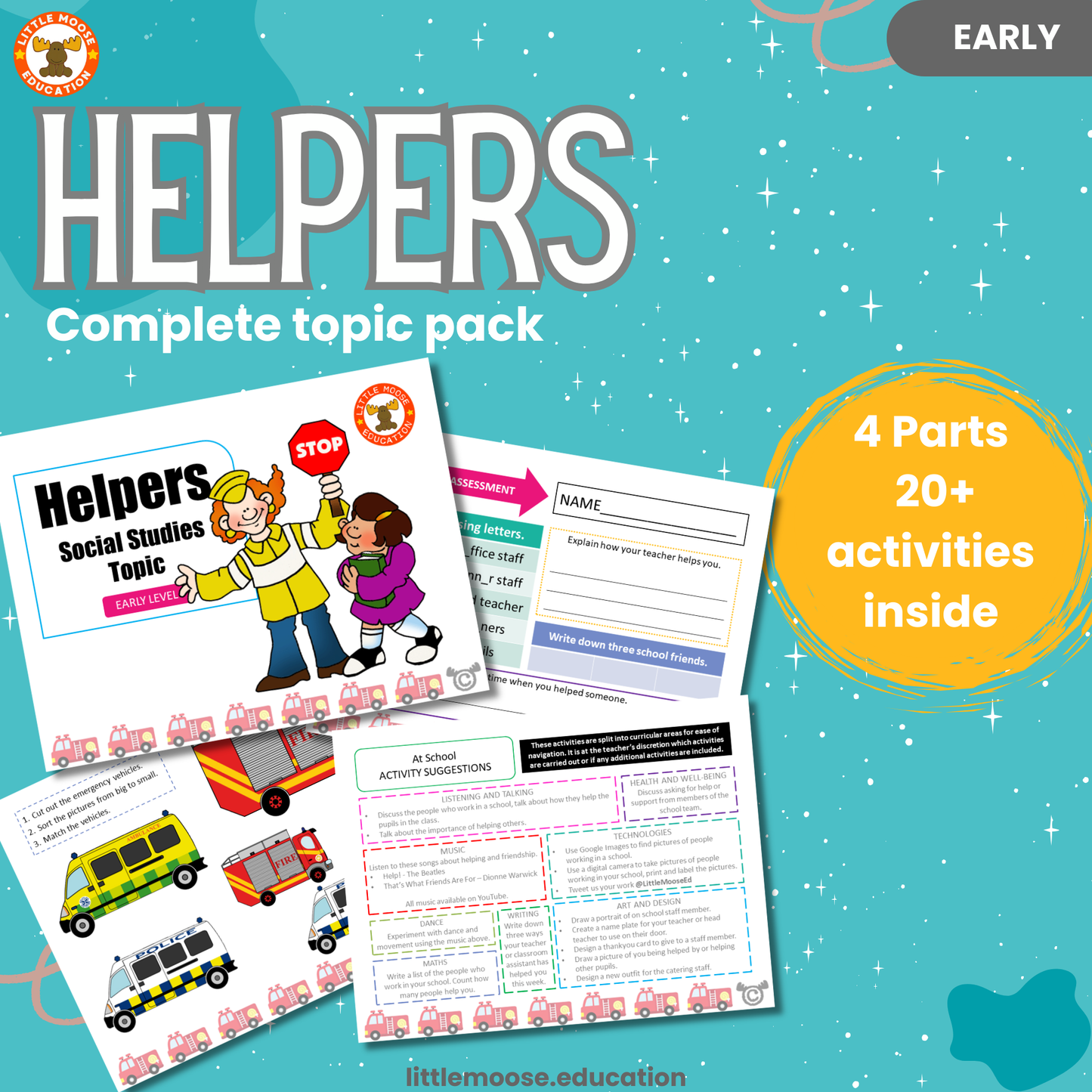 Helpers complete digital topic pack for Social Studies at Early Level, Curriculum for Excellence society education resource, with illustrated cover design and sample activity pages showing sorting, drawing, matching, handwriting, teacher’s notes, assessment, and wordsearch.