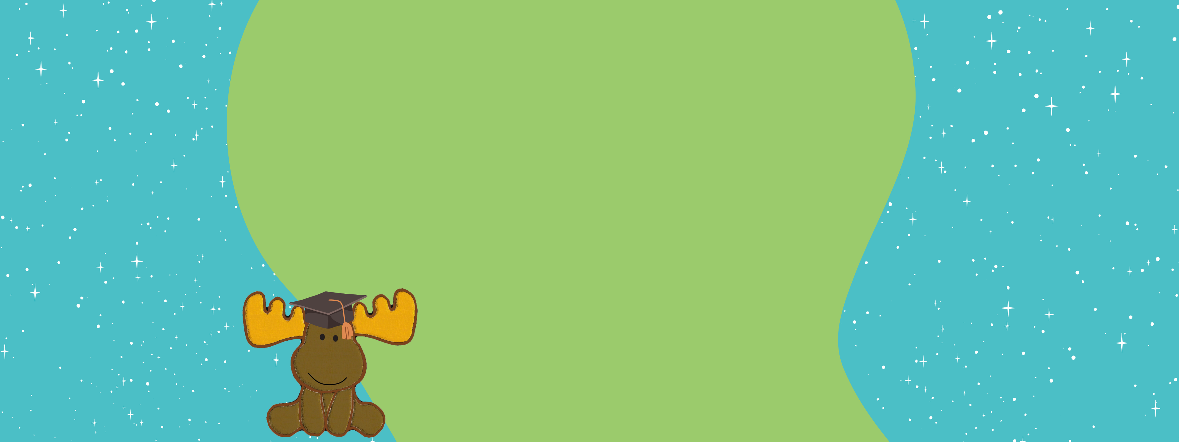 Illustration of Monty the Moose wearing a graduation cap, sitting on a green hill beneath a starry turquoise sky — Little Moose Education hero banner background.