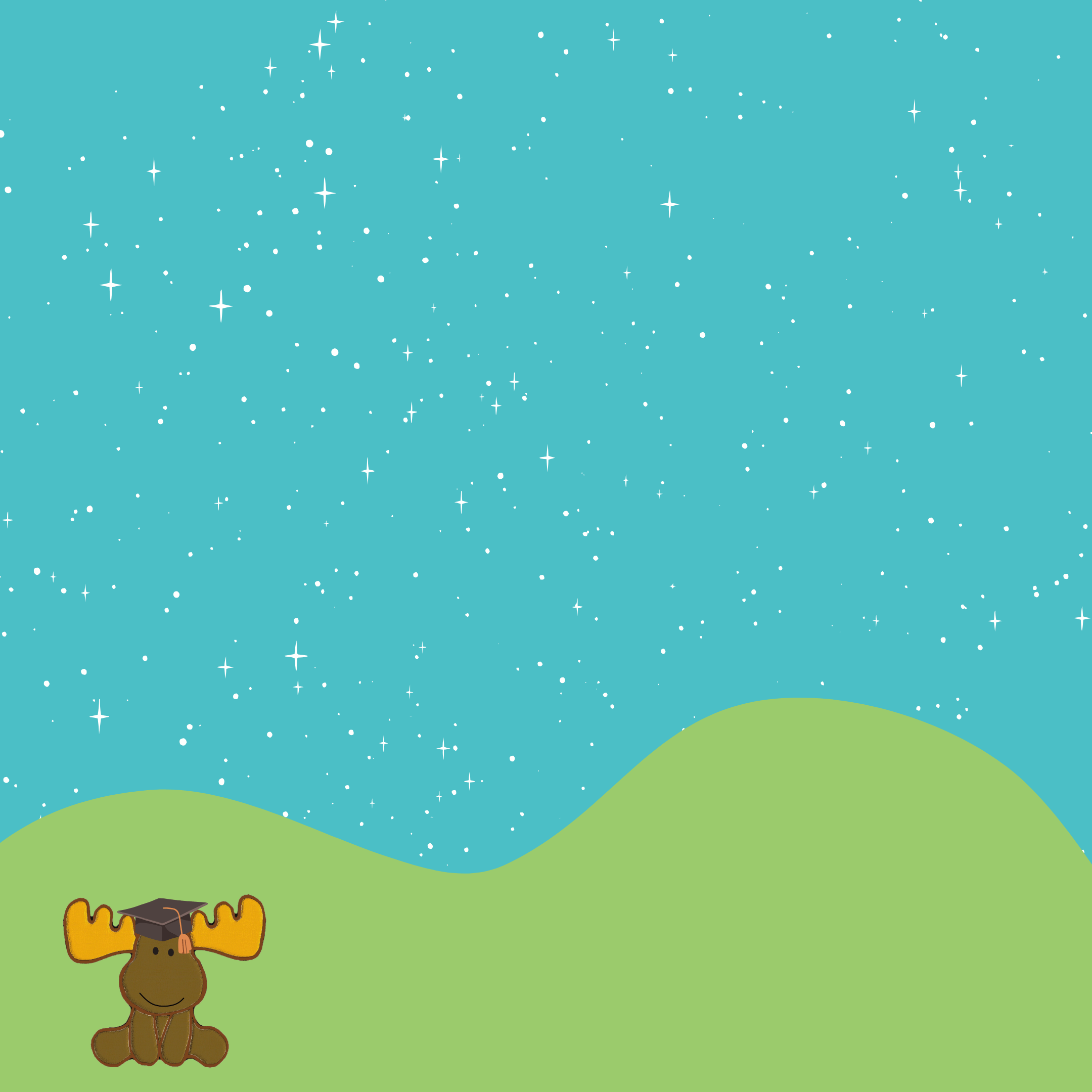 Monty the Moose wearing a graduation cap sits on green hills under a starry sky — the Little Moose Education mobile banner background.
