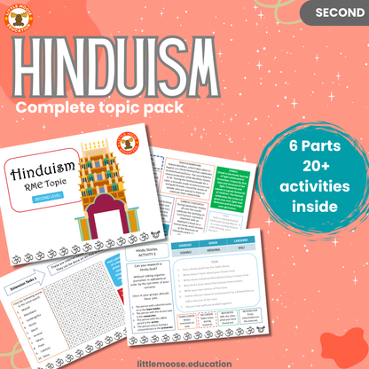 Hinduism complete digital topic pack for RME at Second Level, Curriculum for Excellence religion education resource, with illustrated cover design and sample activity pages showing activities, stories, teacher’s notes, assessments, extension tasks, and outcomes.
