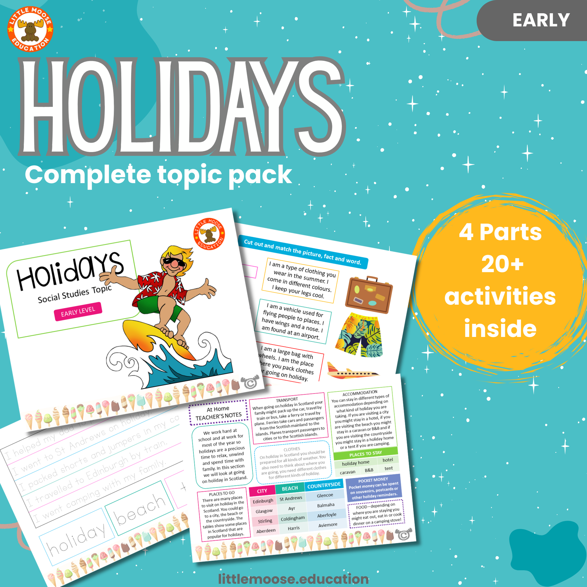 Holidays complete digital topic pack for Social Studies at Early Level, Curriculum for Excellence culture education resource, with illustrated cover design and sample activity pages showing sorting, drawing, matching, handwriting, teacher’s notes, assessment, and wordsearch.