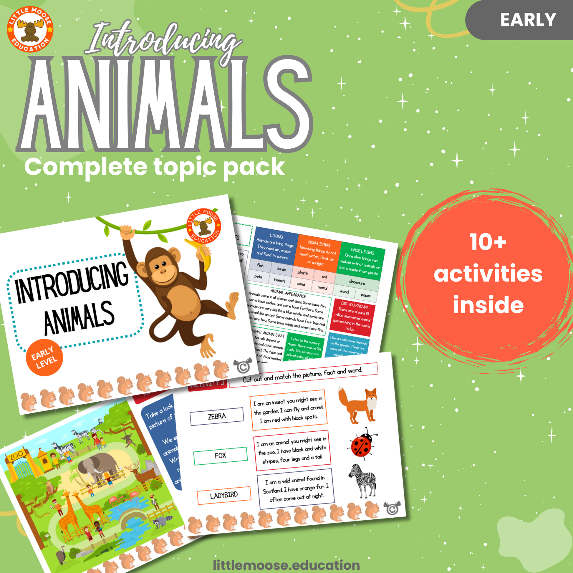 Introducing Animals complete digital topic pack for Science at Early Level, Curriculum for Excellence biology and STEM education resource, with illustrated cover design and sample activity pages showing activities, experiments, teacher’s notes, wordsearch, and assessment