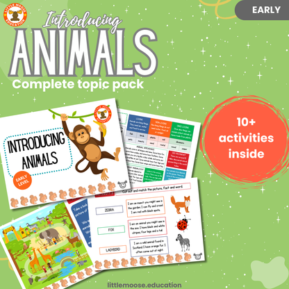 Introducing Animals complete digital topic pack for Science at Early Level, Curriculum for Excellence biology and STEM education resource, with illustrated cover design and sample activity pages showing activities, experiments, teacher’s notes, wordsearch, and assessment
