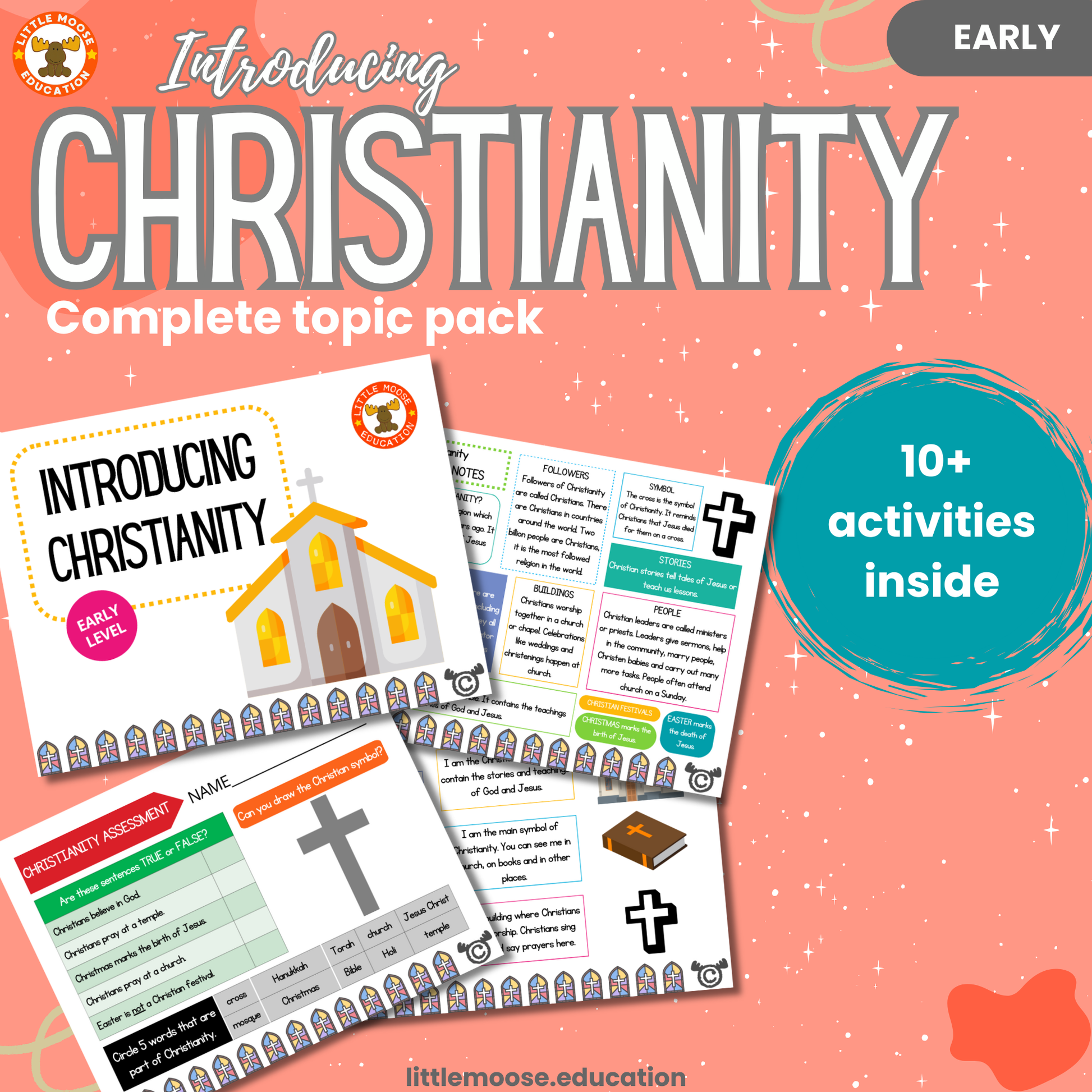 Introducing Christianity complete digital topic pack for RME at Early Level, Curriculum for Excellence religion education resource with illustrated cover design and sample activity pages showing activities, colouring, story time, teacher’s notes, wordsearch, and assessment.