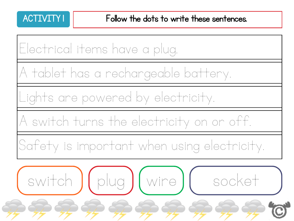 Handwriting activity from Introducing Electricity Science pack, Early Level