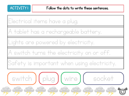 Handwriting activity from Introducing Electricity Science pack, Early Level
