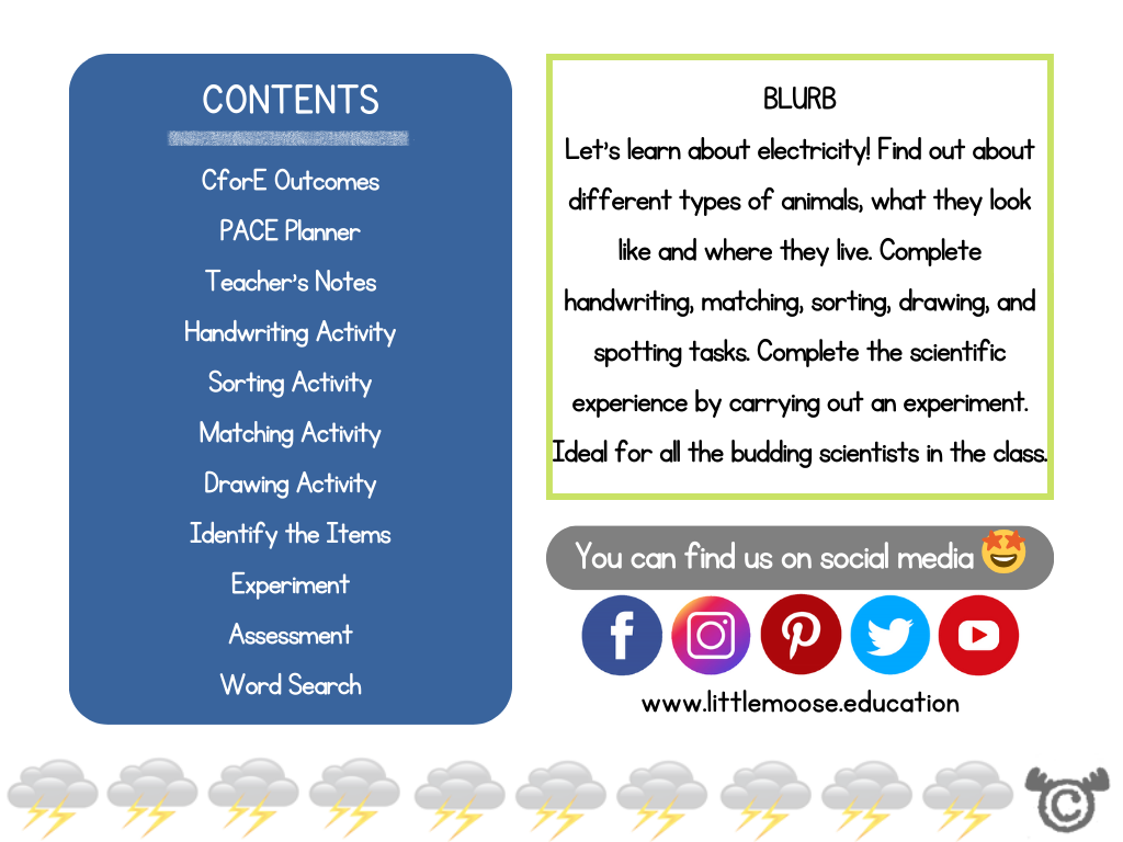 Contents page from Introducing Electricity Science pack at Early Level
