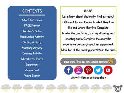 Contents page from Introducing Electricity Science pack at Early Level