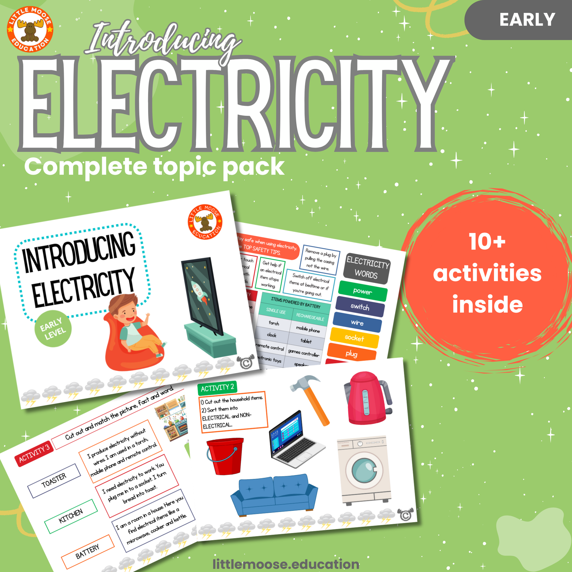 Introducing Electricity complete digital topic pack for Science at Early Level, Curriculum for Excellence physics and STEM education resource, with illustrated cover design and sample activity pages showing activities, experiments, teacher’s notes, wordsearch, and assessment.