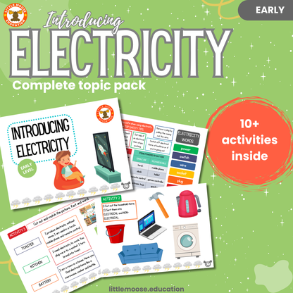 Introducing Electricity complete digital topic pack for Science at Early Level, Curriculum for Excellence physics and STEM education resource, with illustrated cover design and sample activity pages showing activities, experiments, teacher’s notes, wordsearch, and assessment.
