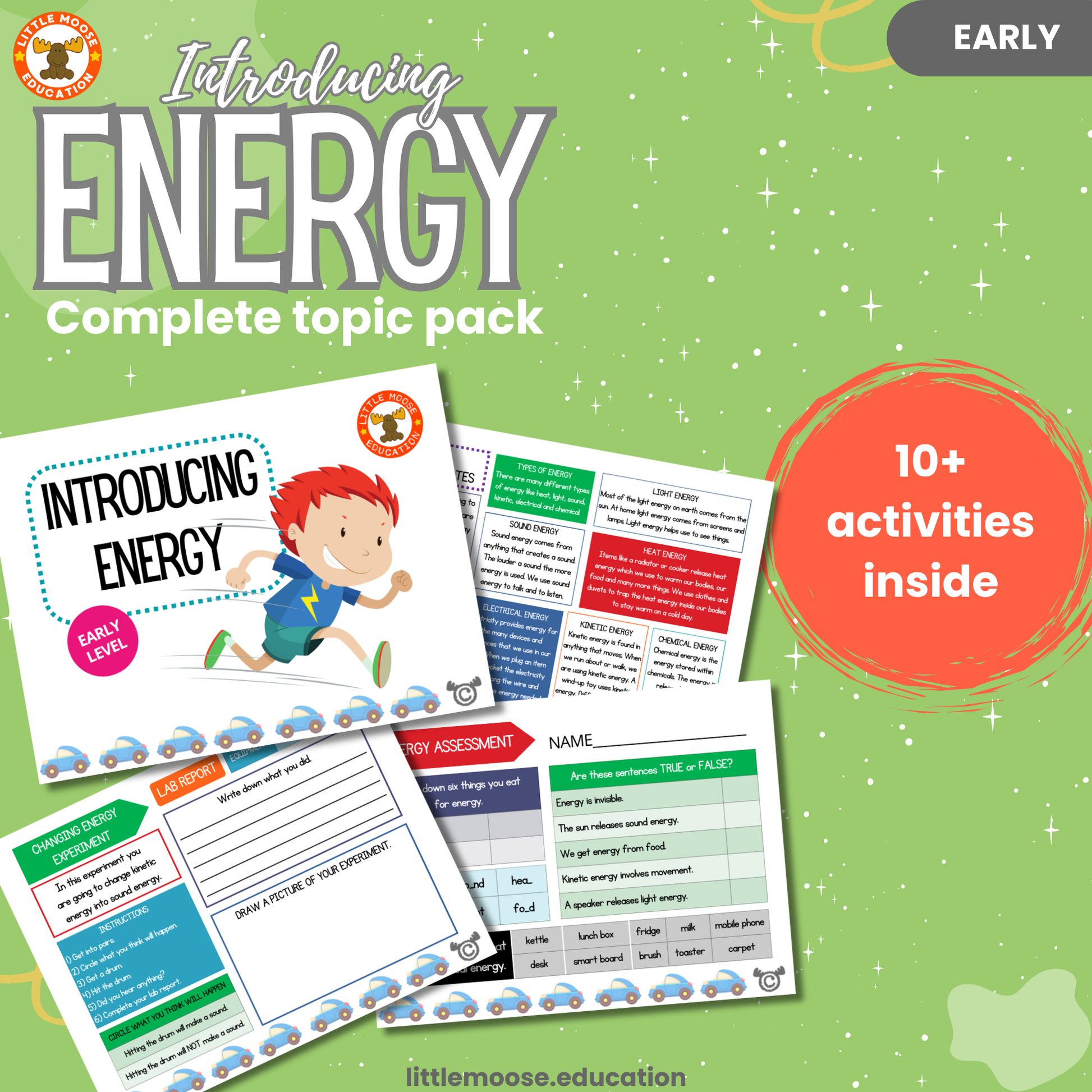 Introducing Energy complete digital topic pack for Science at Early Level, Curriculum for Excellence physics and STEM education resource, with illustrated cover design and sample activity pages showing activities, experiments, teacher’s notes, wordsearch, and assessment.