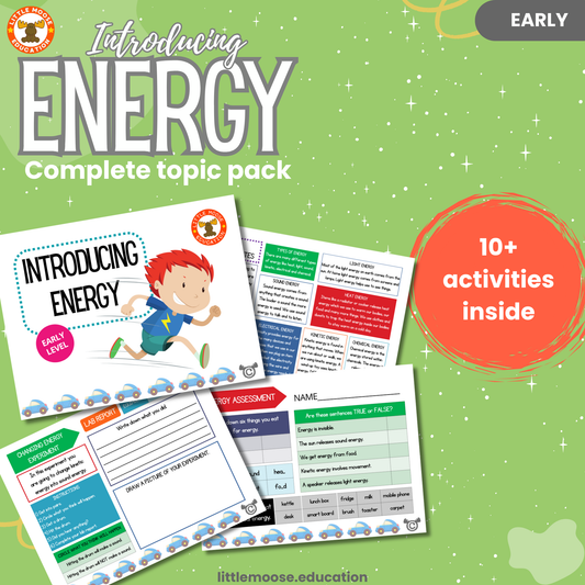 Introducing Energy complete digital topic pack for Science at Early Level, Curriculum for Excellence physics and STEM education resource, with illustrated cover design and sample activity pages showing activities, experiments, teacher’s notes, wordsearch, and assessment.