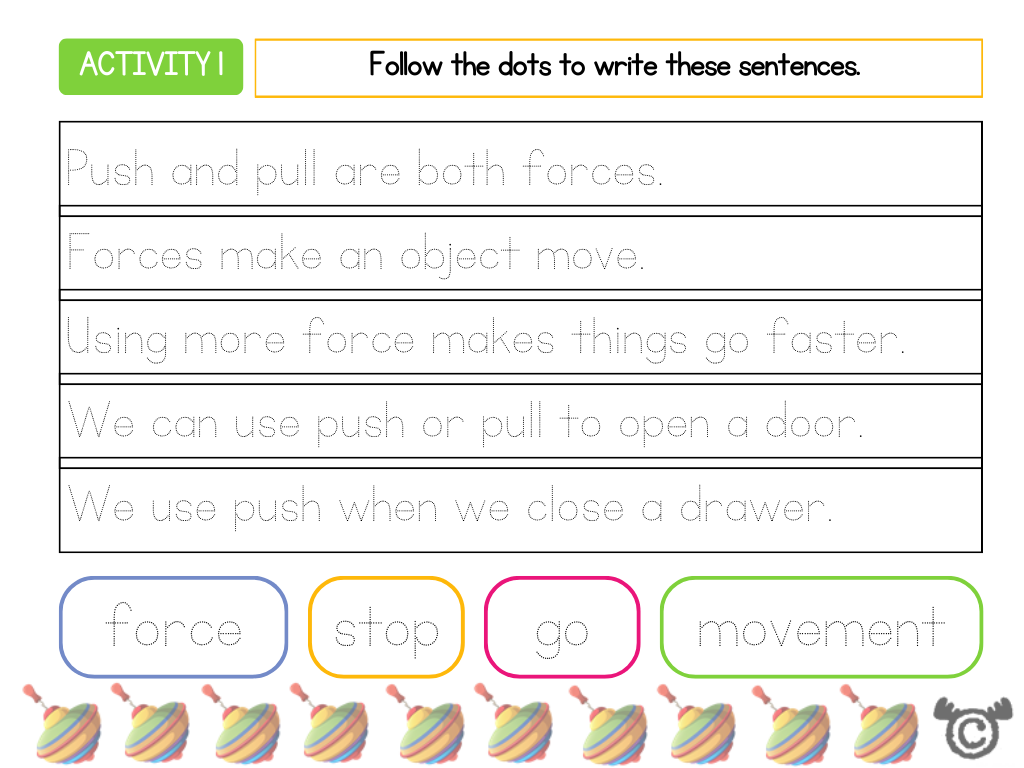 Handwriting activity from Introducing Forces Science pack, Early Level