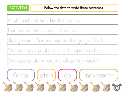 Handwriting activity from Introducing Forces Science pack, Early Level