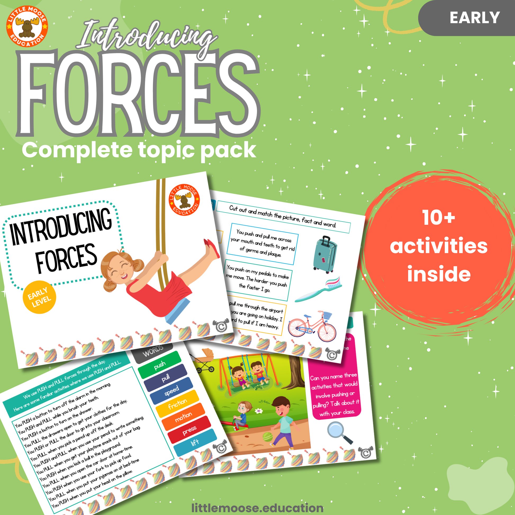 Introducing Forces complete digital topic pack for Science at Early Level, Curriculum for Excellence physics and STEM education resource, with illustrated cover design and sample activity pages showing activities, experiments, teacher’s notes, wordsearch, and assessment.